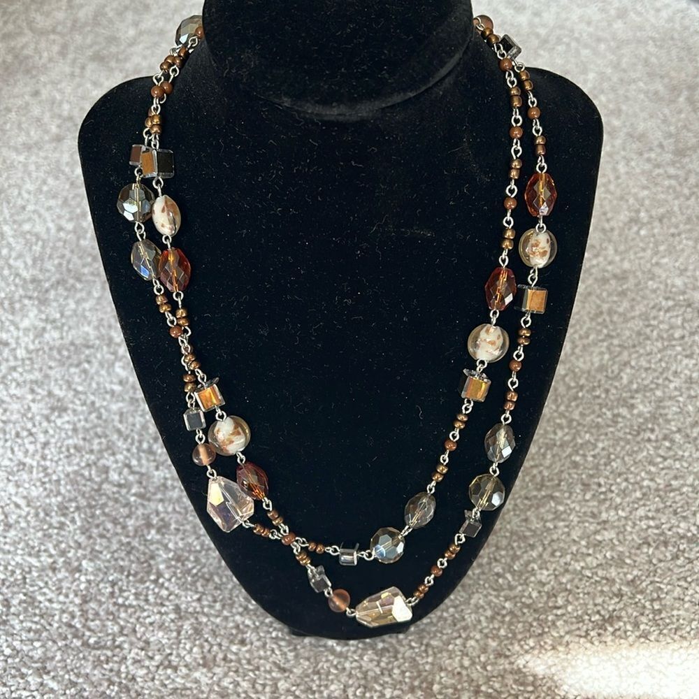 NWOT Premier Designs Glass Brown and silver glass long necklace
